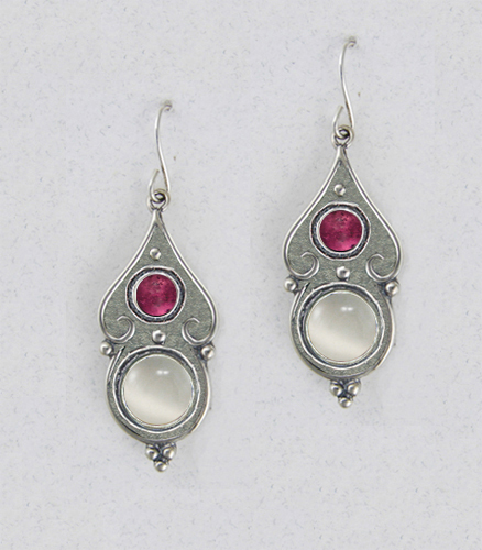 Sterling Silver White Moonstone And Pink Tourmaline Gemstone Drop Dangle Earrings